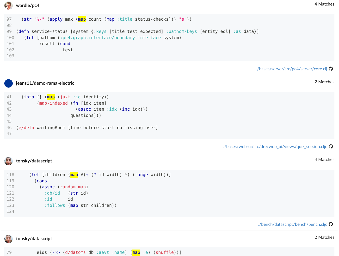 Screenshot of seqfind.com showing usage examples for the clojure.core/map function.